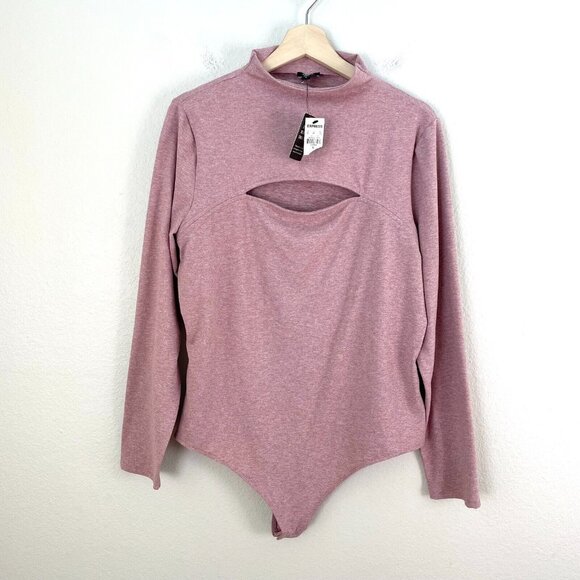 NEW $64 Express Body Contour Womens XL Pink Mock Neck Cutout Bodysuit Top - Picture 2 of 9